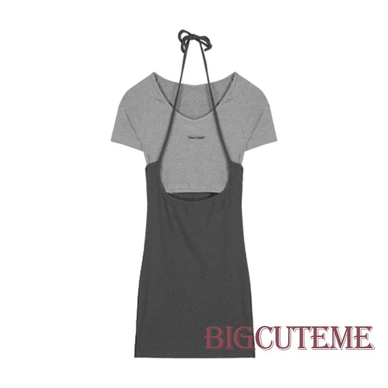 [] - Đầm Ngắn Tay Ôm Dáng Hở Lưng Phối Màu Tương Phản Thời Trang Mùa Hè Cho Nữ