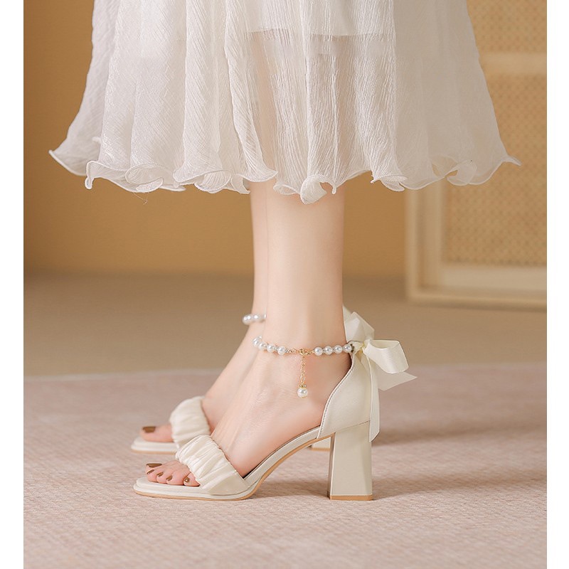 Duoya Tóc Thẳng ~ [Hàng Có Sẵn] Giày Sandal Cao Gót Thô Đính Nơ Vừa Vặn Dễ Phối Đồ Cho Nữ