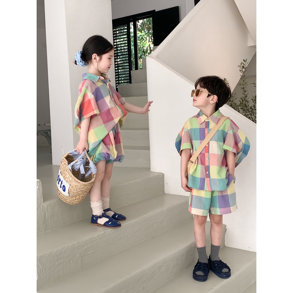 Set Áo Sơ Mi Kẻ Sọc Caro Nhiều Màu Sắc Bộ đồ trẻ em bộ bé gái bộ vest bé trai