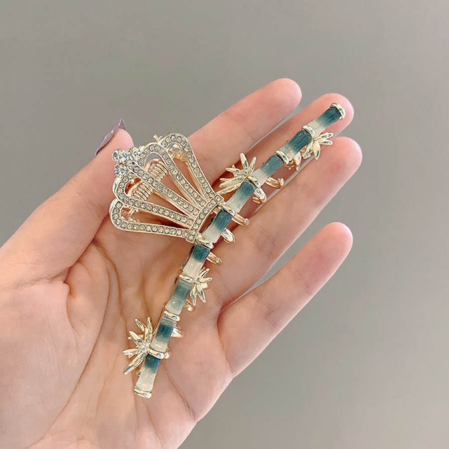Kẹp Tóc Đuôi Ngựa Hình Vương Miện Bằng Tre Và Hợp Kim Đính Đá Pha Lê Phong Cách