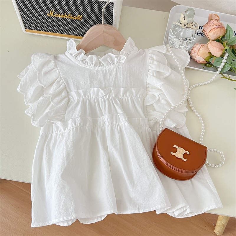 Áo Ren Cổ Tròn Tay Loe Màu Trơn Thời Trang Mùa Hè Xinh Xắn Cho Bé Gái