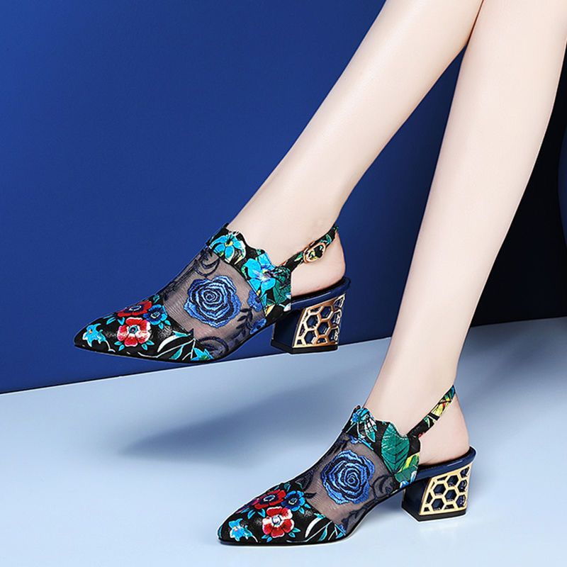 Giày Sandal Cao Gót Mũi Nhọn Phối Lưới Thêu Họa Tiết Thời Trang 2023 Cho Nữ