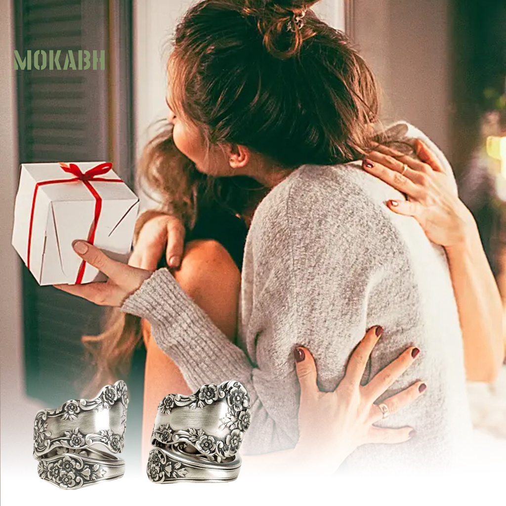 [Mok Abh] Nhẫn Dạng Mở Mạ Điện Họa Tiết Hình Học / Hoa Phong Cách Vintage Có Thể Điều Chỉnh