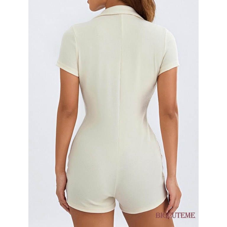 Bộ Áo Liền Quần Ngắn Tay Cổ Bẻ Cài Nút Màu Trơn Thời Trang Dự Tiệc Cho Nữ