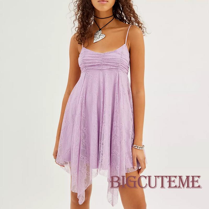 [] - Đầm Hai Dây Phối Ren Nhún Bèo Không Đối Xứng Thời Trang Dự Tiệc Mùa Hè Cho Nữ