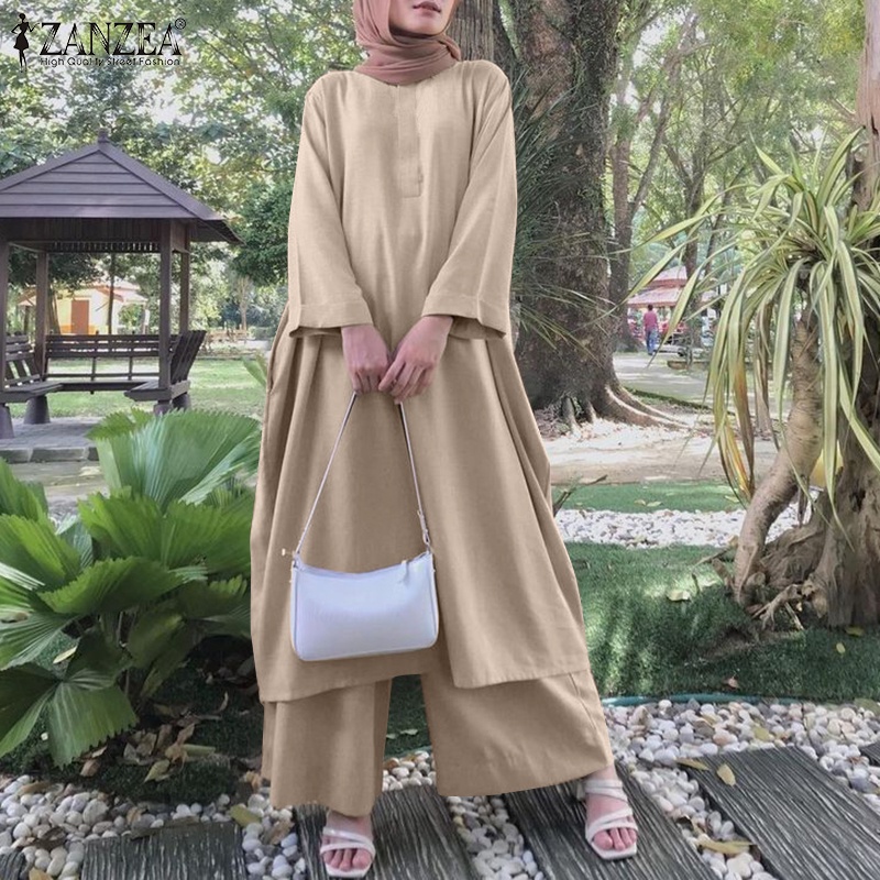 Zanzea Set Áo Thun Dài Tay Cổ Tròn + Quần Dài Lưng Thun Màu Trơn Cho Phụ Nữ Hồi Giáo