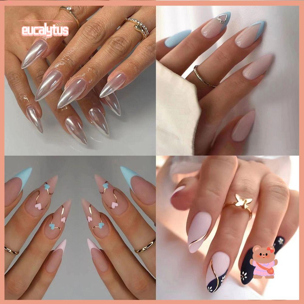 Set 24 Móng Tay Giả Dạng Nhấn Hình Hoa / Trái Tim Đơn Giản Kiểu Pháp