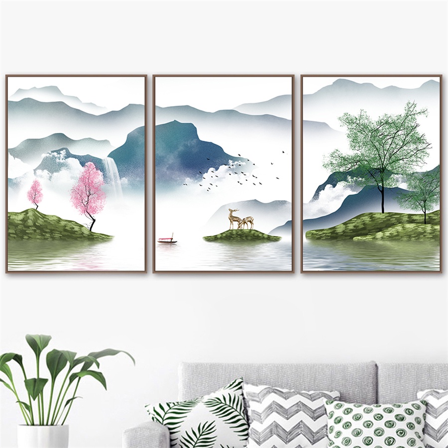Tranh Vải Bạt Treo Tường In Hình Phong Cảnh Núi Sương Mù Màu Hồng Trang Trí Nhà Cửa