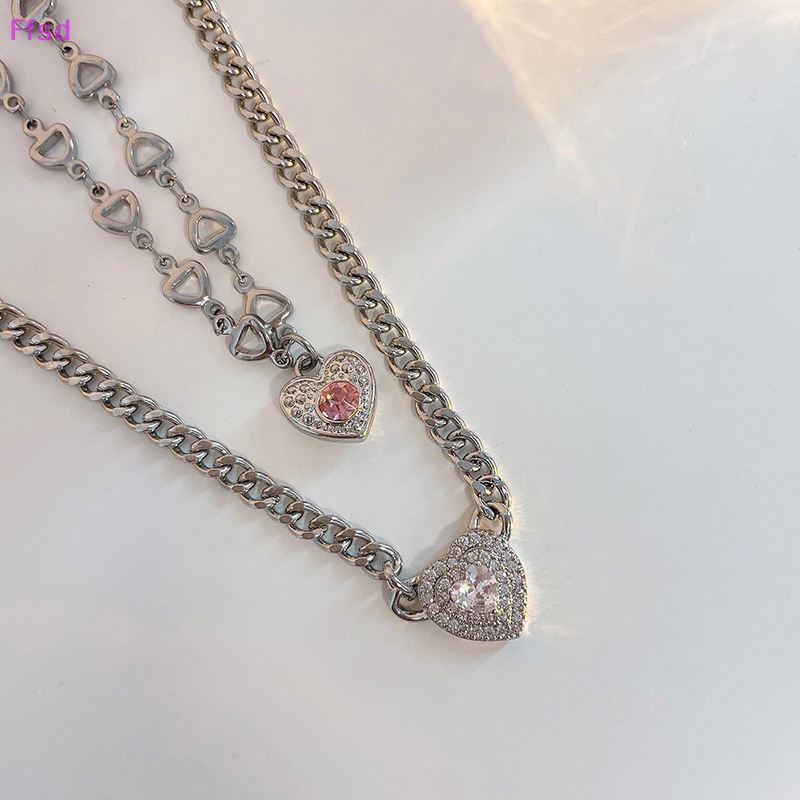 {Ffsd} Vòng cổ Đeo Cổ Tay Chuỗi Xích Ánh Sáng Zircon Mặt Trái Tim Pha Lê Thời Trang Punk Làm Quà Tặng Cho Bạn Gái *