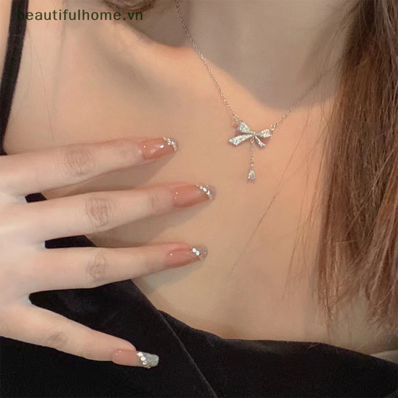 Dây Chuyền Mặt Nơ Tua Rua Đính Đá Zircon Thanh Lịch Thời Trang Hàn Quốc Cho Nữ [Beautyhome]