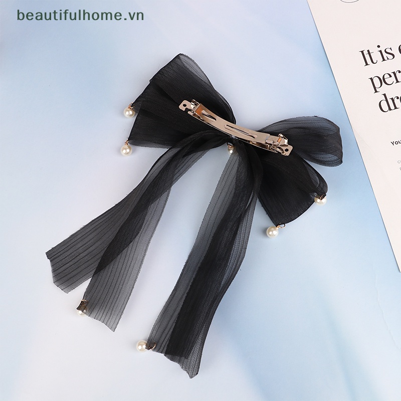 Kẹp Tóc Thắt Nơ Sợi Lưới Trắng Đen Mới Cho Nữ [Beautyhome]