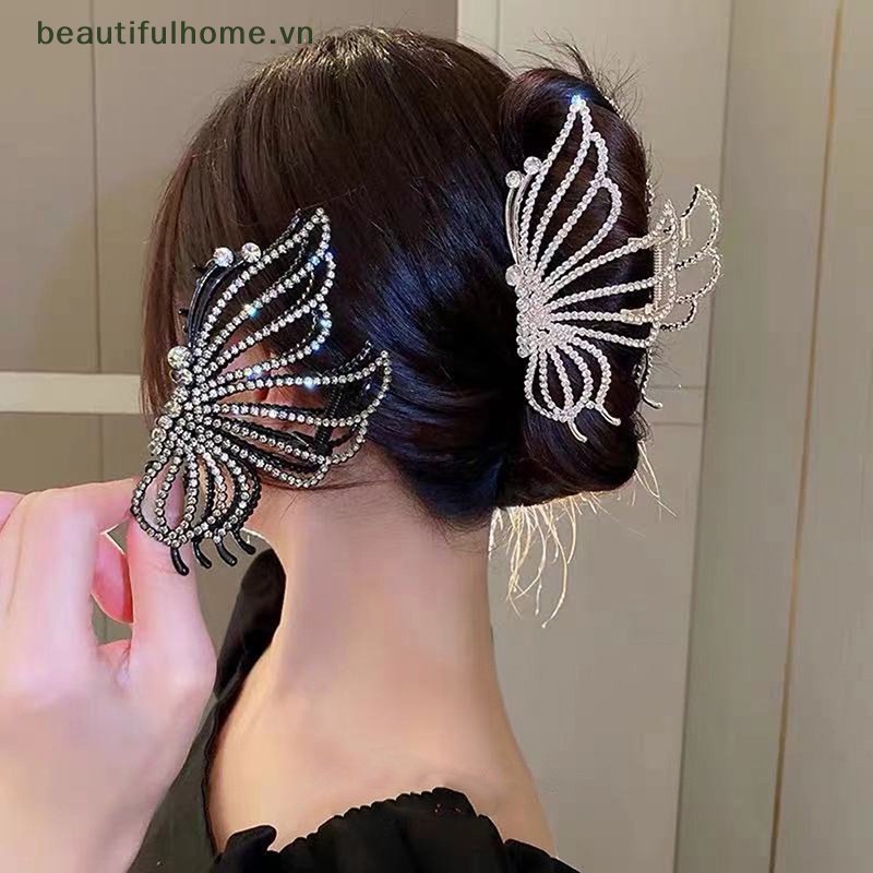 Kẹp Tóc Càng Cua Lớn Đính Đá Hình Bướm Rỗng Kiểu Vintage Cho Nữ