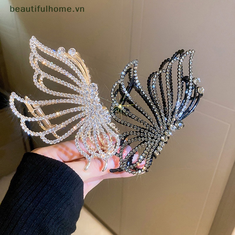 Kẹp Tóc Càng Cua Lớn Đính Đá Hình Bướm Rỗng Kiểu Vintage Cho Nữ