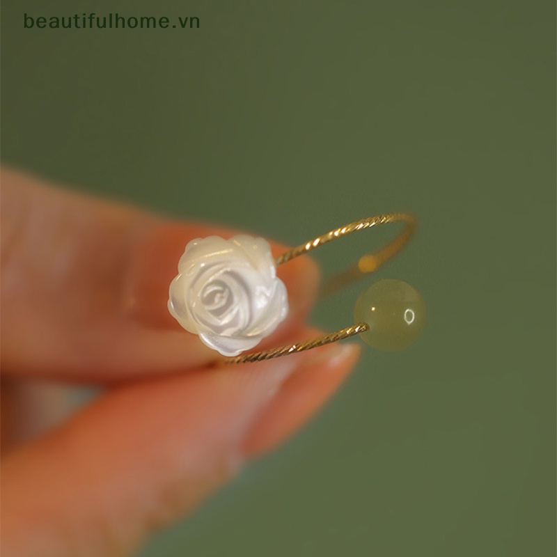 [beautifulhome] Nhẫn Hở Hình Hoa Hồng Ngọc Bích Trắng Thời Trang Vintage Có Thể Điều Chỉnh Làm Quà Tặng Đám Cưới [beauty]