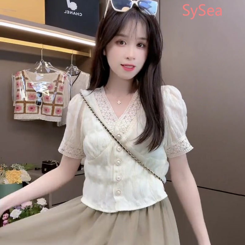 Áo Kiểu Tay Phồng Cổ Chữ V Phối Ren Phong Cách Retro Pháp