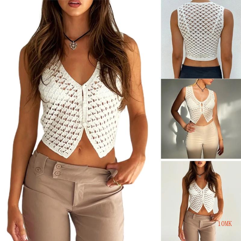 Xiangbao Áo Dệt Kim Không Tay Khoét Rỗng Y2K Màu Trơn Mặc Hàng Ngày Cho Nữ