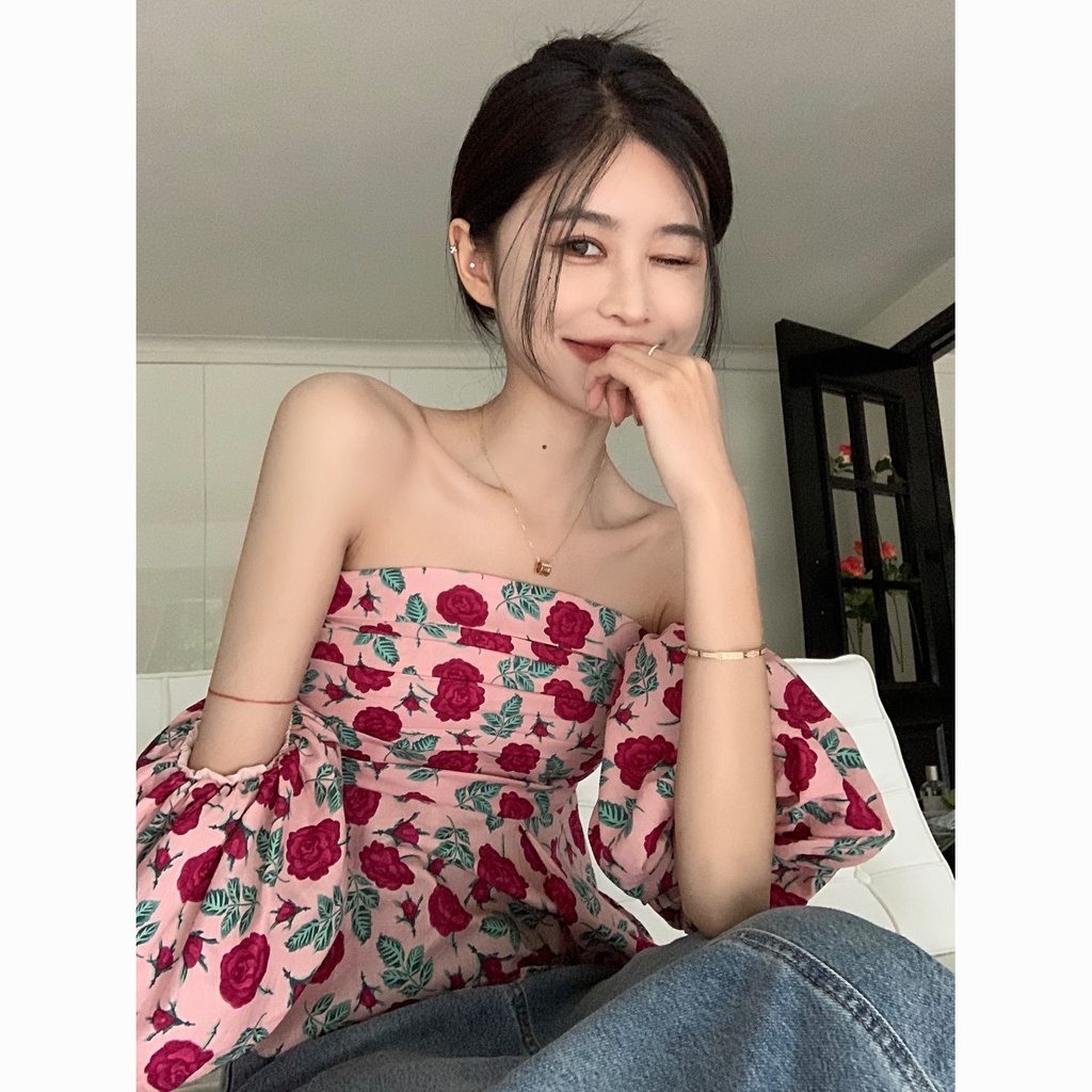 Áo Kiểu Trễ Vai Tay Ngắn Phồng In Họa Tiết Hoa Thời Trang Mùa Hè Xinh Xắn Cho Nữ