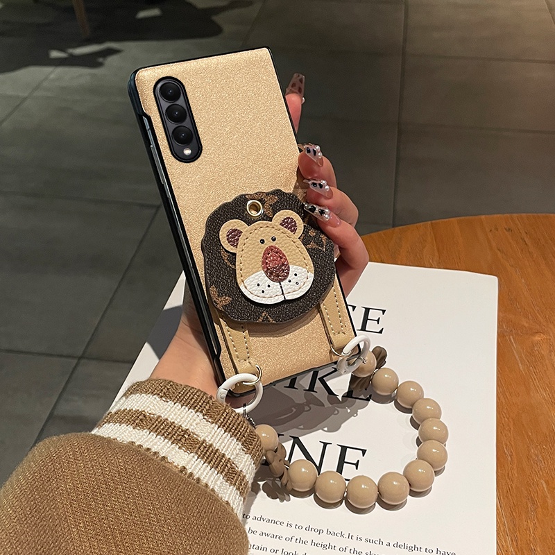 Bao Da Điện Thoại Hình Sư Tử Đính Hạt Vàng Sang Trọng Cho samsung galaxy z fold 5 4 3 2 5g Ốp