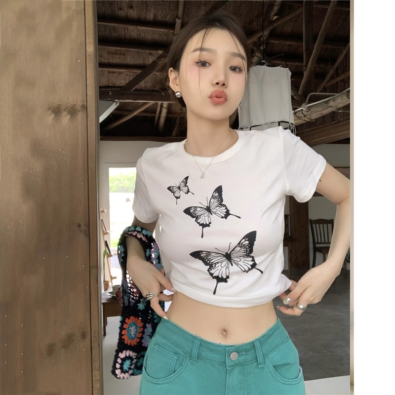 Áo Croptop Dệt Kim Tay Ngắn In Họa Tiết Quyến Rũ Phong Cách Hàn Quốc Cho Nữ