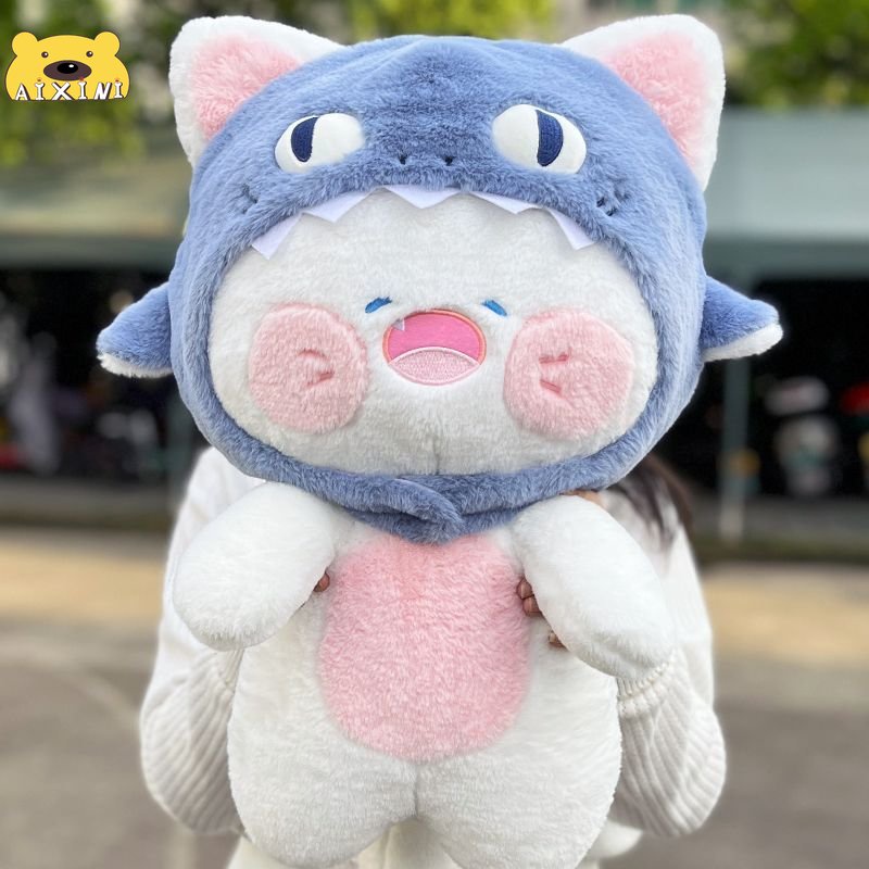 30/50cm Gấu Bông Mèo Dudu Cá mập mèo Gối mèo Dễ Thương dài búp bê mèo, đồ chơi sang trọng Quà tặng trẻ em Mũ có thể cởi