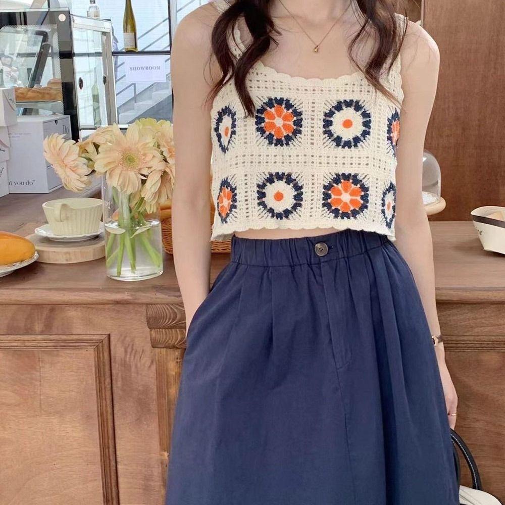 Áo Croptop Dệt Kim Không Tay Cổ Vuông Họa Tiết Hoa Nhiều Màu Sắc Thời Trang Mùa Hè Cho Nữ