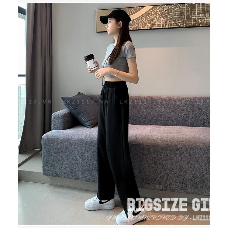 Quần dài nữ Bigsize 100kg quần ống rộng suông nữ lưng cao đen xẻ tà mùa hè Phong cách Hàn Quốc Thời Trang đẹp