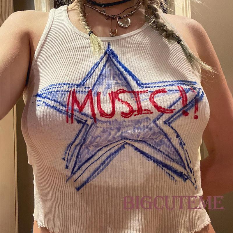 [] - Áo Crop Top Không Tay Cổ Thuyền Tosp Màu Trắng In Hình Ngôi Sao Mùa Hè Cho Nữ