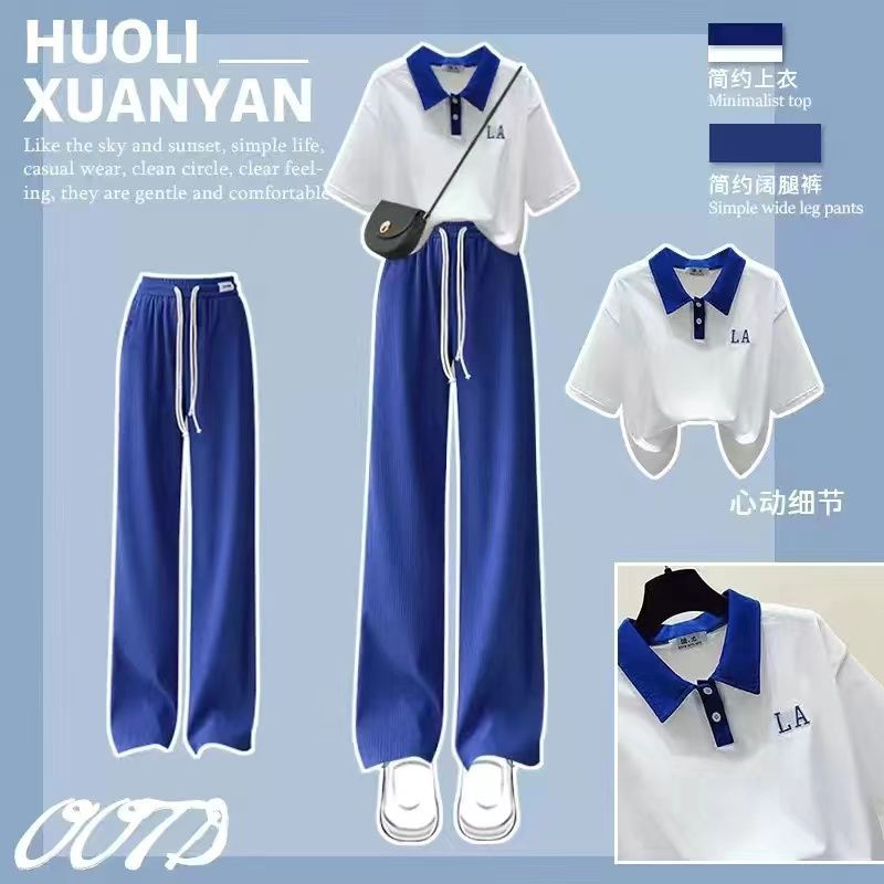 Set Áo Thun polo Ngắn Tay Form Rộng Và Quần Ống Rộng Phong Cách Preppy Hàn Quốc Thời Trang Xuân Hè Mới Cho Nữ