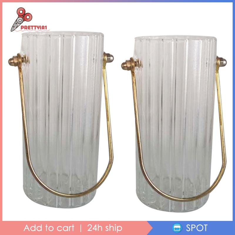 [Prettyia1] Bình Hoa Thủy Tinh Trong Suốt Hình Trụ Với Tay Cầm Kim Loại Kẻ Sọc Tròn