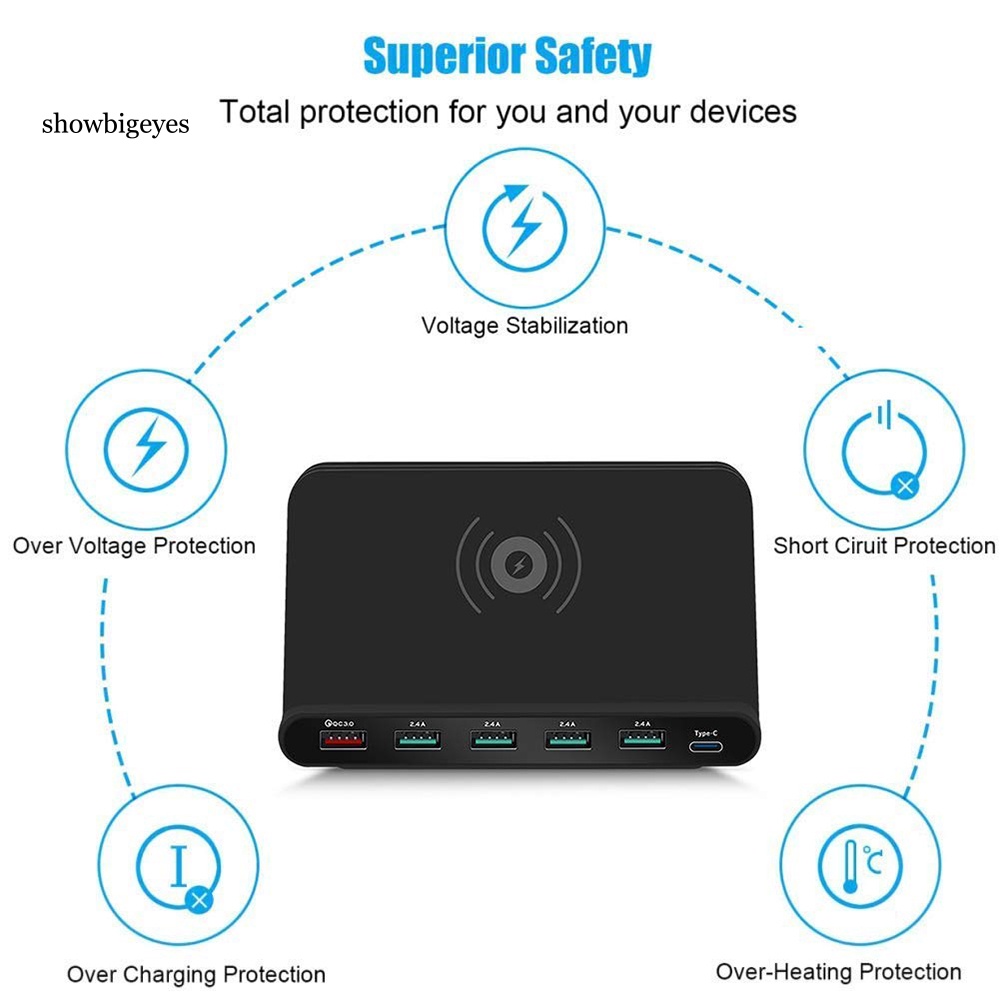 Đế Sạc Nhanh Không Dây USB Type-C 3 Trong 1 6 Cổng 3.0 2.14A