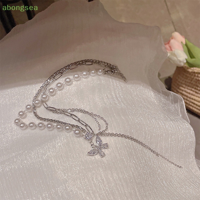 Abongsea Vòng cổ Nhiều Lớp Mặt Hình Bướm Đính Đá Zircon Ngọc Trai Thời Trang Dành Cho Nữ