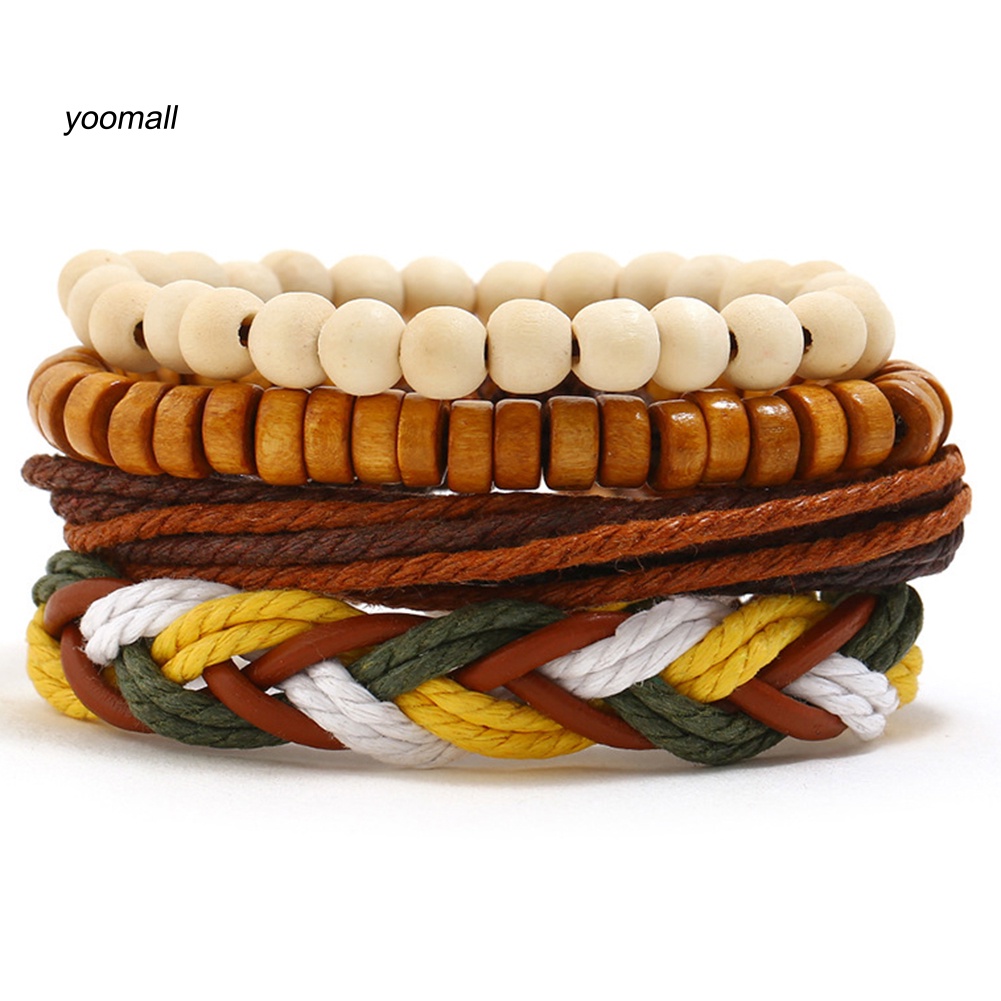 Set 4 Vòng Tay Da Bện Đính Hạt Gỗ Phong Cách Vintage Cho Nữ