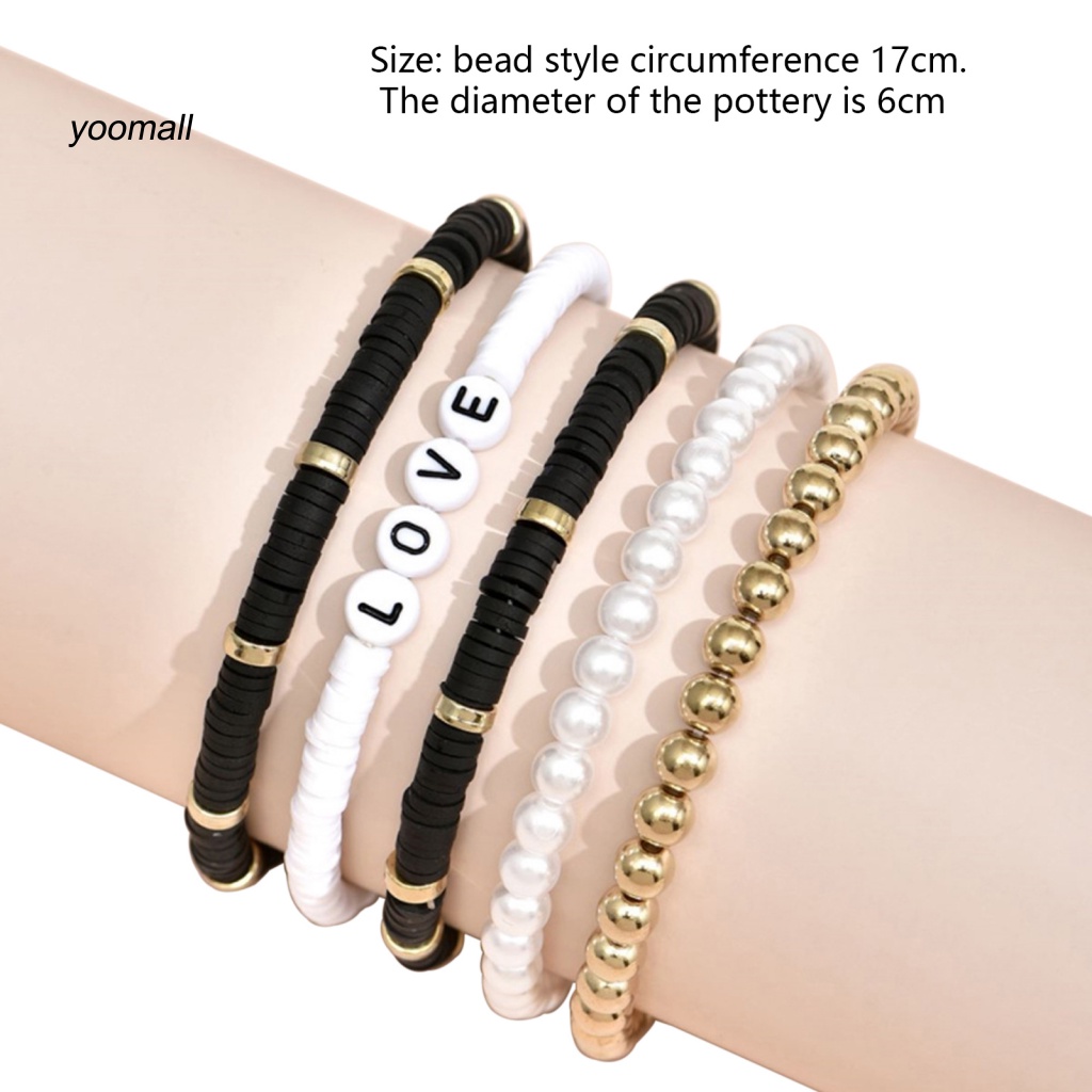 Set 5 Vòng Tay Hạt Đất Sét Polymer Nhiều Màu Sắc In Chữ Love Phong Cách Bohemian