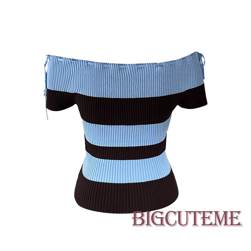 Áo Thun Dệt Kim Trễ Vai Tay Ngắn Họa Tiết Kẻ Sọc Thời Trang Mùa Hè Dành Cho Nữ