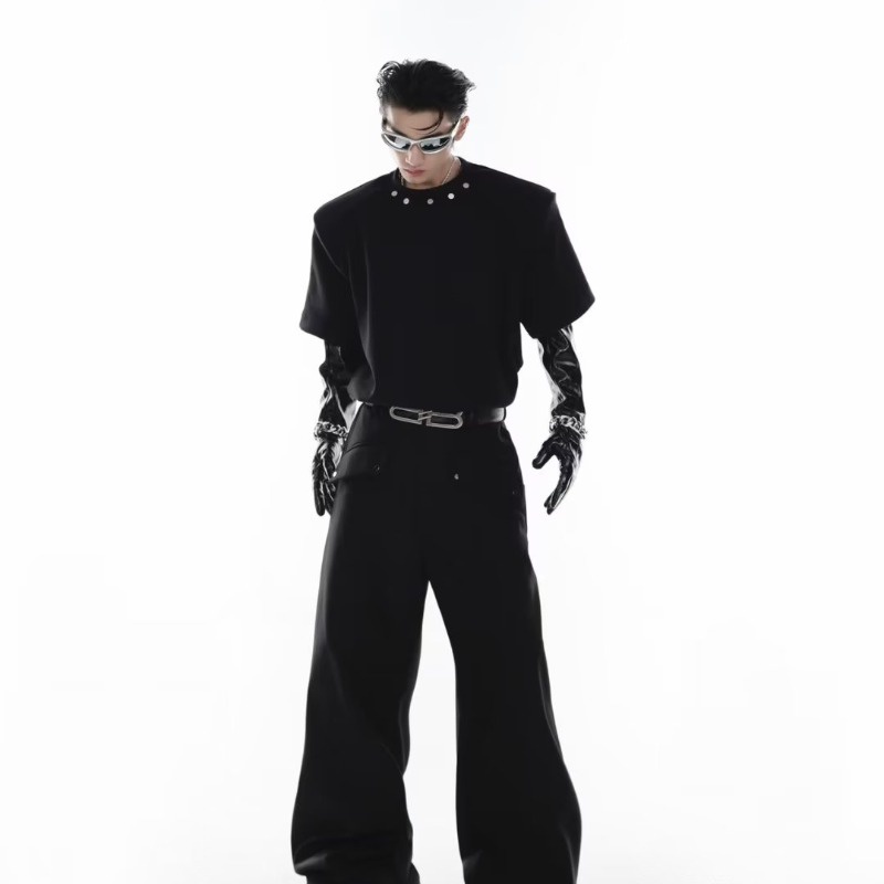 Áo Thun Vòng Cổ Đính Đá Áo Nam Tay Ngắn Có Đệm Vai Và Dây Đeo Cổ Phong Cách Đường Phố Đơn Giản Dễ Phối Đồ ÁO Thun Hot VảI DàY ÁO PhôNg Nam Unisex