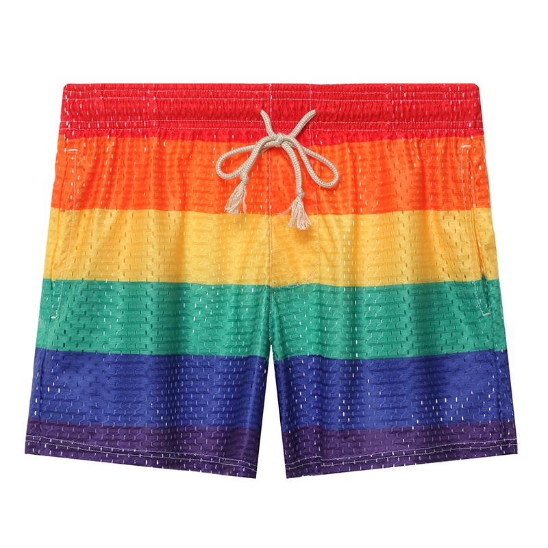 Quần Bơi Ngắn Thể Thao Thoáng Khí Mau Khô Có Túi Kẻ Sọc Cầu Vồng Cho Nam
