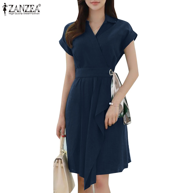 Zanzea Đầm Lụa Ngắn Tay Cổ V Thời Trang Nữ