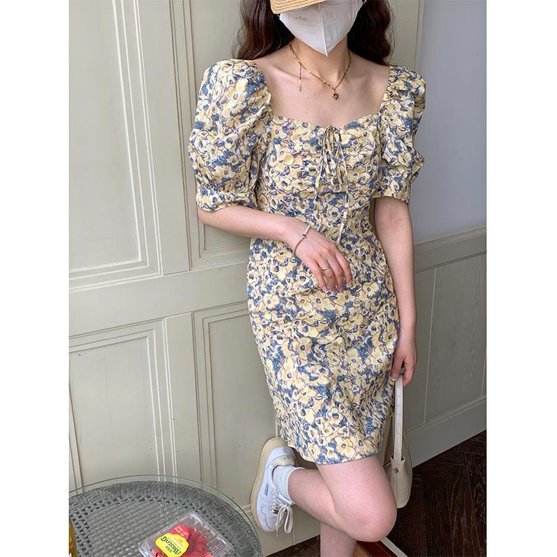 Đầm Hoa Ngắn Tay Cổ Vuông Thời Trang Dành Cho Nữ