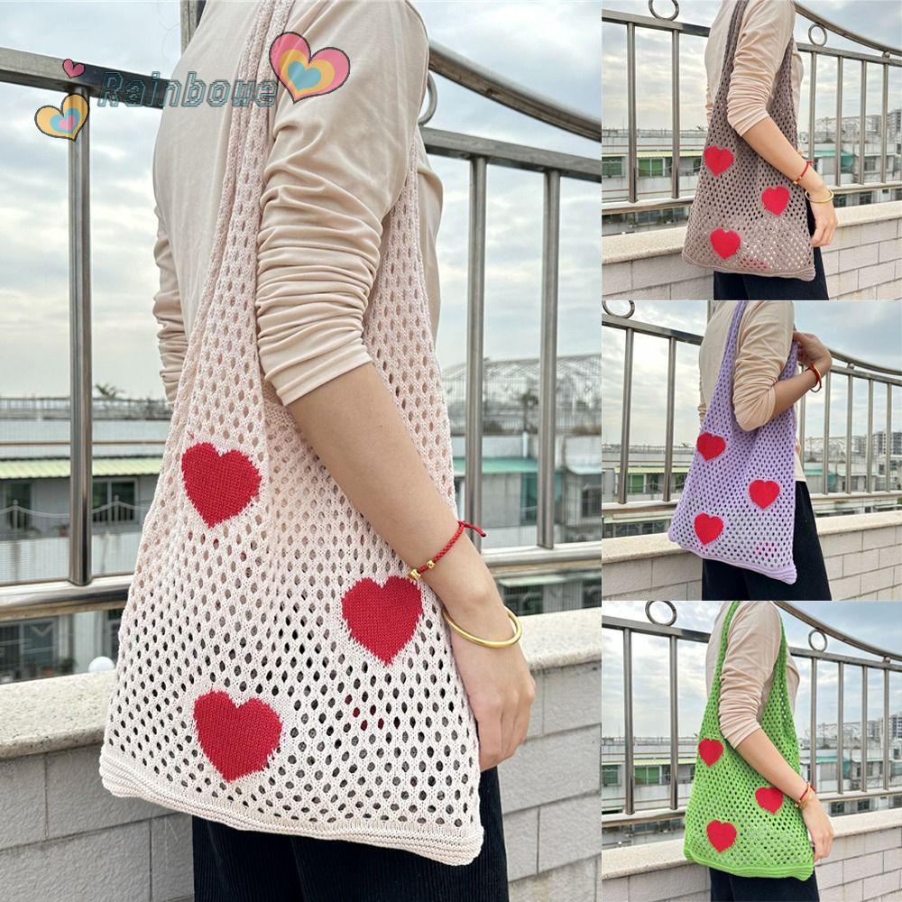 RAINBOW Túi Xách Đan Len Họa Tiết Trái Tim Thời Trang Cho Nữ
