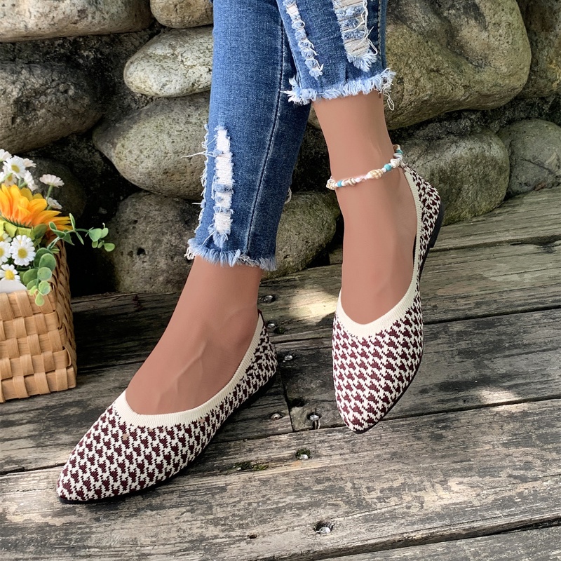 Giày Búp Bê Cao Nữ Su Mềm Hở Ngón Mũi Nhọn Phối Lưới Thoáng Khí Thời Trang