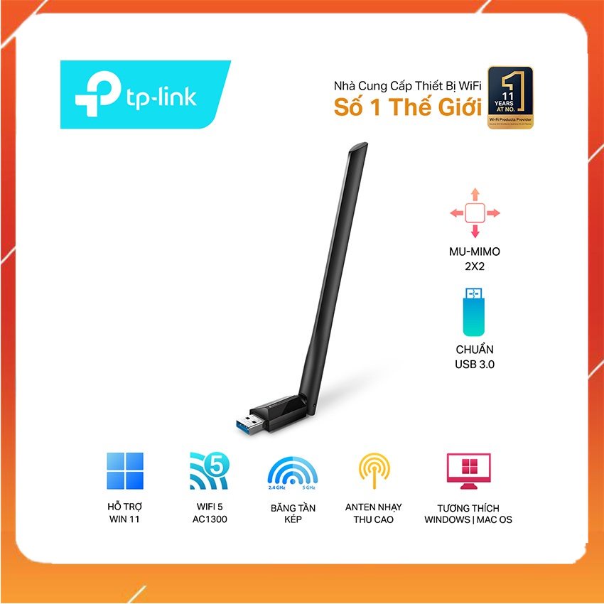 Card mạng không dây USB TP-Link Archer T3U Plus AC1300 Tốc độ cao hơn, kết nối tốt hơn