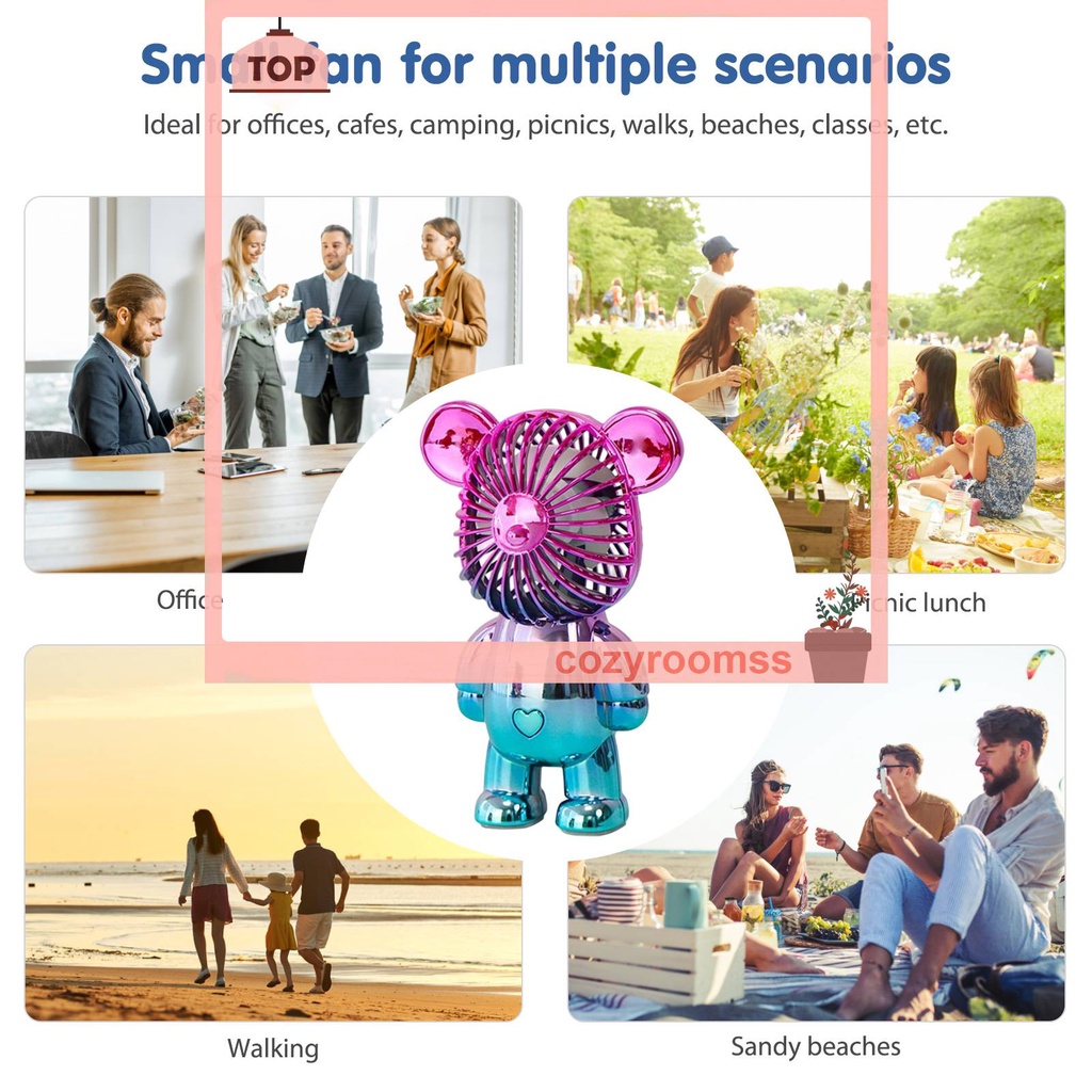 Quạt Mini Để Bàn Làm Mát Cầm Tay 3 Tốc Độ Hình Gấu Graffiti Mạ Điện