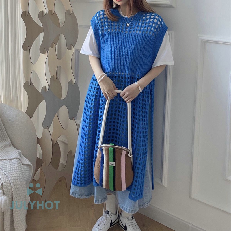 Đầm dệt kim không tay đường phố cao ngầu Đầm Vest xẻ rộng Đầm dài khoét lỗ cho nữ VN