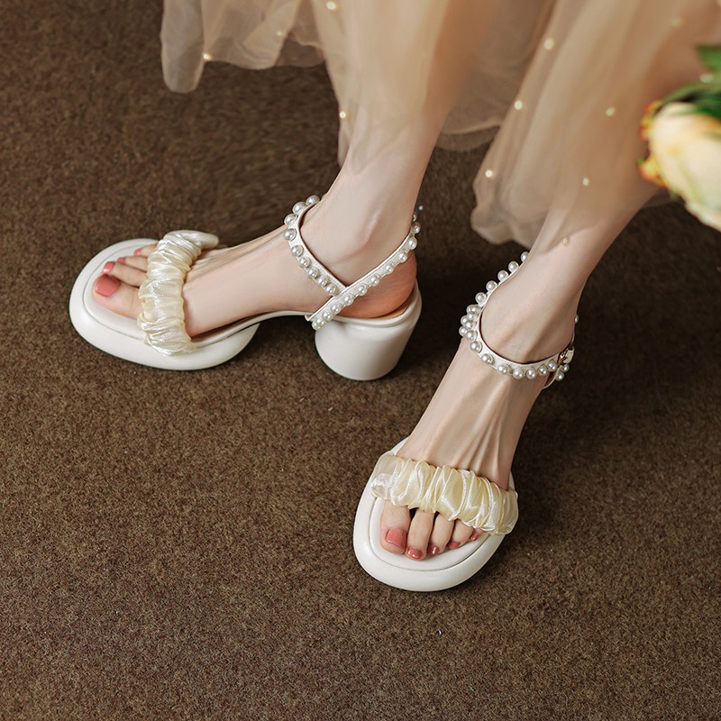 Duoya Tóc Thẳng ~ [Hàng Có Sẵn] Giày Sandal Cao Gót Hở Ngón Đế Dày Quai Da Mềm Đính Hạt Ruy Băng Phiên Bản Hàn Quốc Cho Nữ Miễn Phí Vận Chuyển