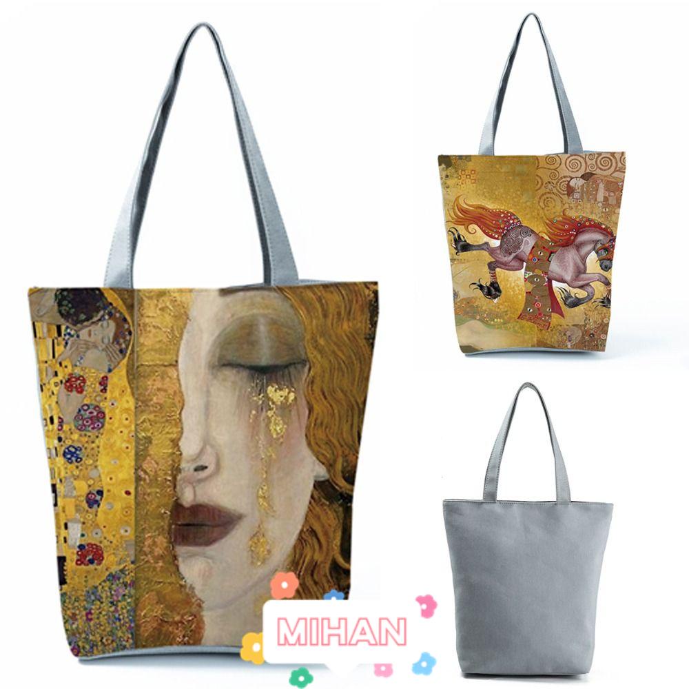 MIHAN1 Túi Xách Vải Lanh Cỡ Lớn Họa Tiết Tranh Sơn Dầu Thời Trang