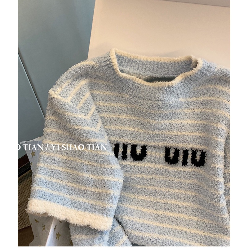 Áo Sweater Tay Ngắn In Chữ Màu Xanh Dương Và Trắng Ngọt Ngào Thời Trang Mùa Hè 2023 Mới Dành Cho Bạn Nữ