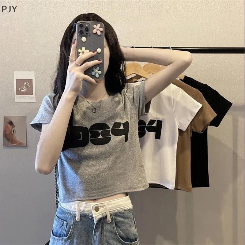 Áo Thun Crop Top Tay Ngắn Cổ Tròn In Chữ Số Thời Trang Mùa Hè Cho Nữ PJ