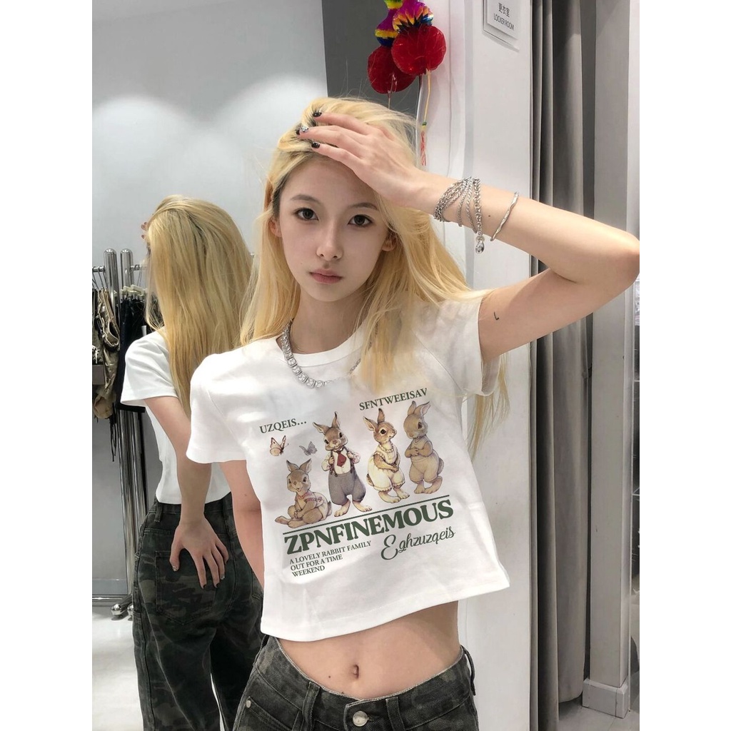 Áo Baby Tee Thun Croptop Nữ  Tay Ngắn In Hình Thỏ Màu Trắng Phong Cách Mới Cho Nữ