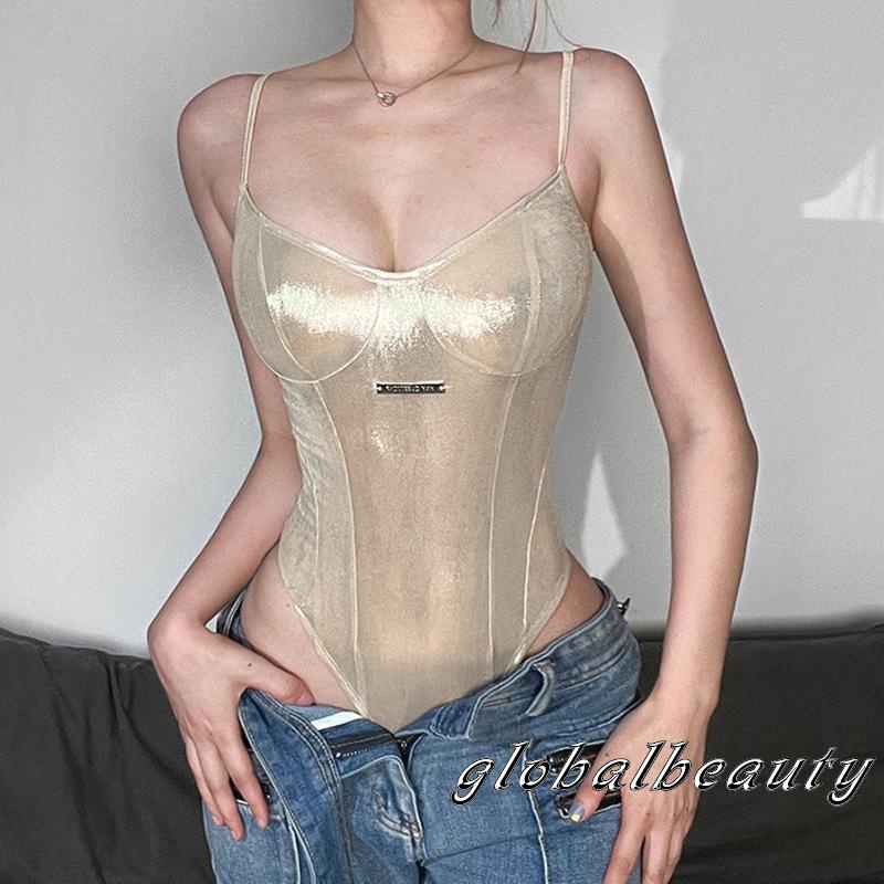 Áo Liền Quần Hai Dây Hở Lưng Phối Miếng Kim Loại Thời Trang Mùa Hè Cho Nữ