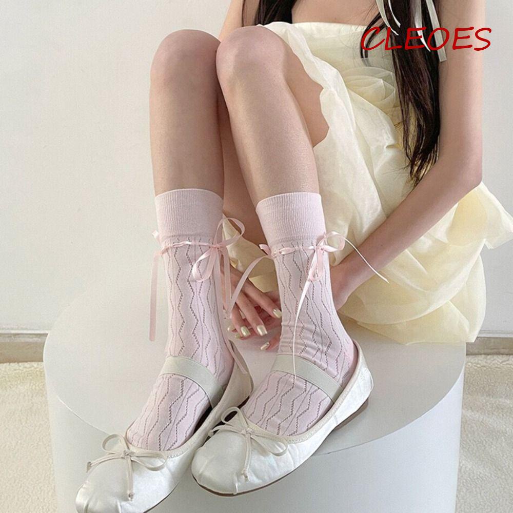 CLEOES Tất Ống Lửng Đính Nơ Ruy Băng Đơn Giản Thời Trang Mùa Hè Nhật Bản